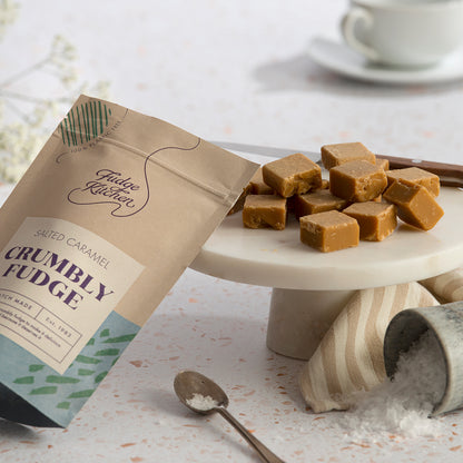 Crumbly Fudge Pouch Photo with Salted Caramel Fudge on Table