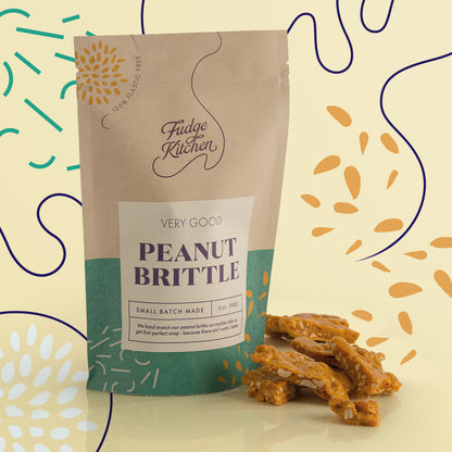 Packaging of the Peanut Brittle Pouch by Fudge Kitchen, elegantly showcasing golden, handmade peanut brittle. Ideal for gifting or enjoying as a crunchy, sweet indulgence.