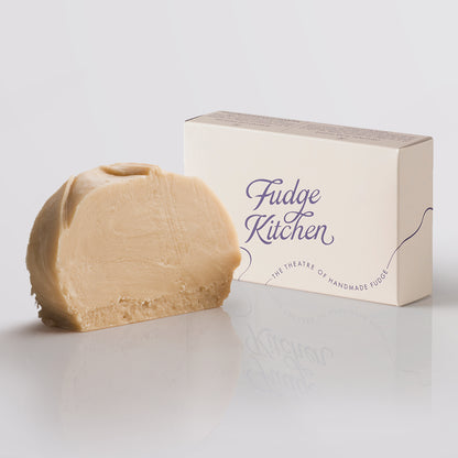 Creamy Coffee Fudge single slice, a Fudge Kitchen indulgent, handmade fudge flavour displayed with an elegant gift box.