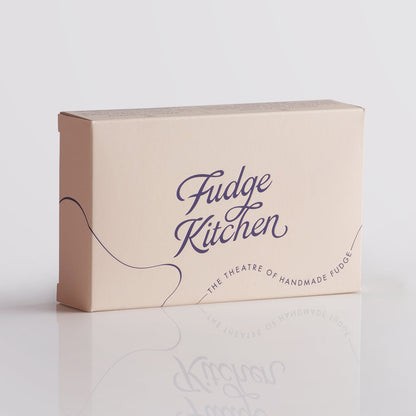 Fudge Kitchen elegant gift box displaying front view for the single slice of handmade fudge flavour Peanut Butter Vegan Fudge